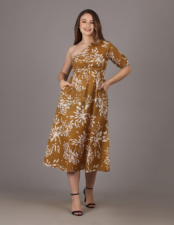 Brown Ivory Printed Off Shoulder Dress