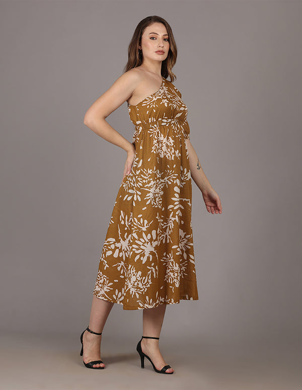 Brown Ivory Printed Off Shoulder Dress
