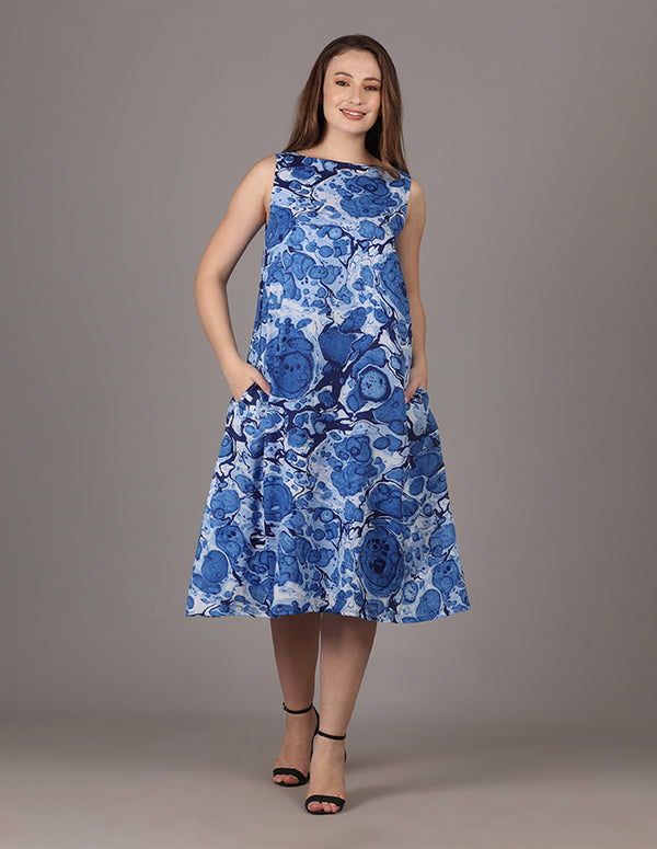 Blue Ivory Marble Print Sleeveless Dress