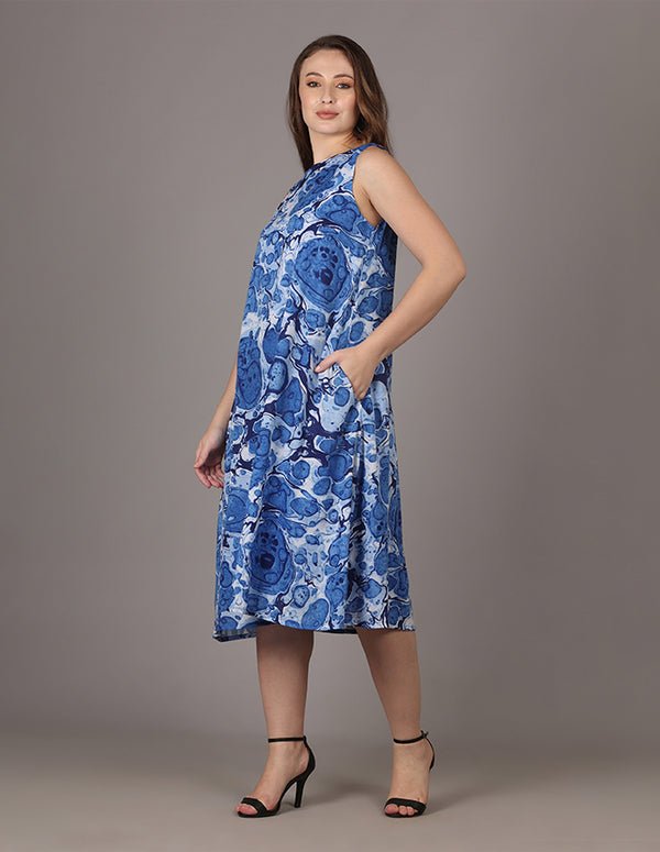 Blue Ivory Marble Print Sleeveless Dress