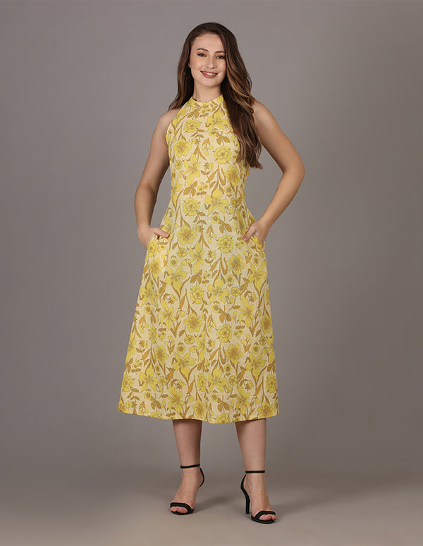 Yellow Ivory Floral Halter Neck Dress
