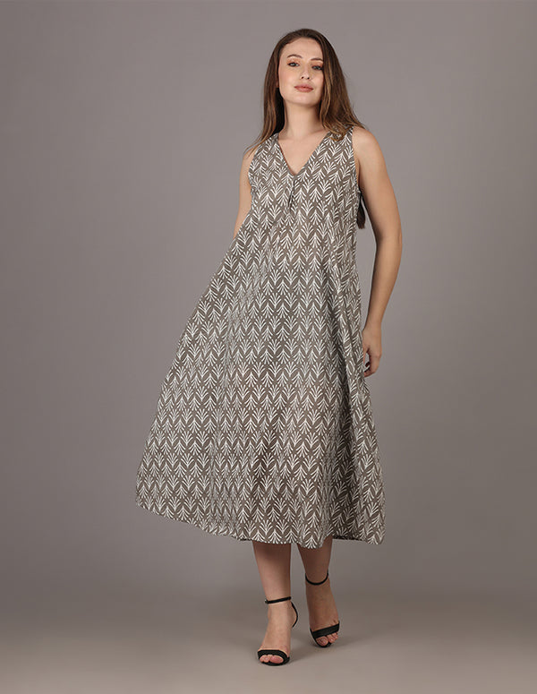 Grey White Printed Sleeveless Dress