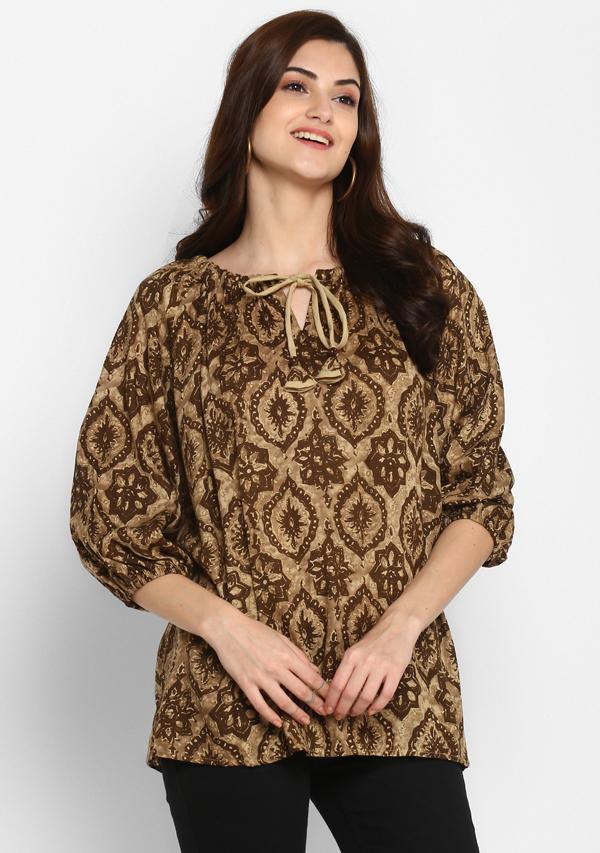 Beige Brown Floral Tunic With Long Sleeves and Strings