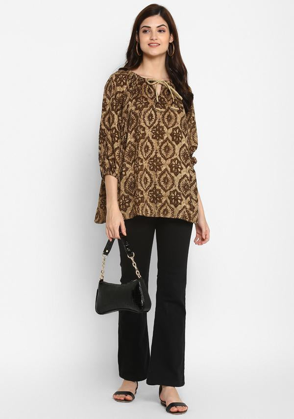 Beige Brown Floral Tunic With Long Sleeves and Strings