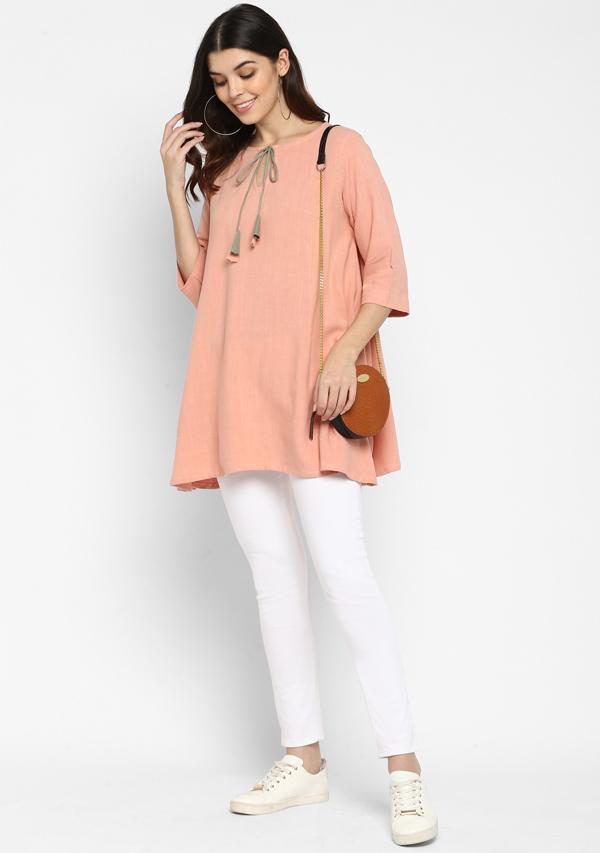 Soft Pink A- Line Kurti Tunic With Contrast Tassels - Nidraa